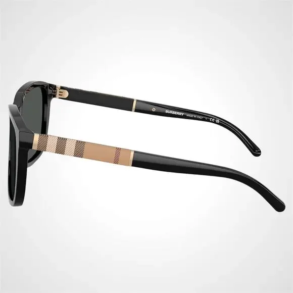 New Burberry Sunglasses Black Solid Square Frame Brown Check Arms 58mm